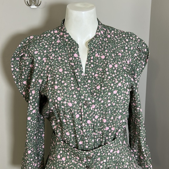 Maje Rakita Puff Sleeve Shirt Dress Green Pink Pleated Mini Floral Sz 38 US M - Picture 8 of 14